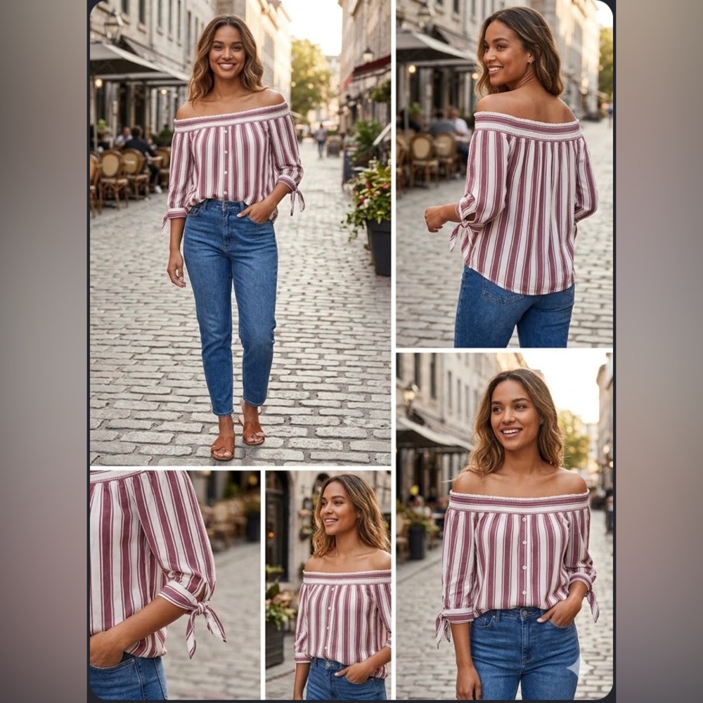 Dynamite Red and White Ruched 3/4 Sleeve Blouse